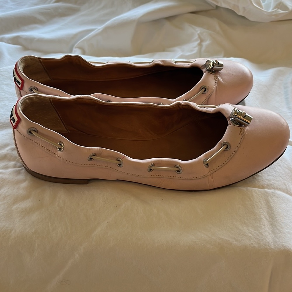 Women’s Pink Leather Ballet Flats with Gold Hardware - Picture 3 of 5